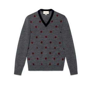 New With Tags Gucci Bees & Stars Wool Gray/Burgundy V-Neck Sweater XXL $1080.00